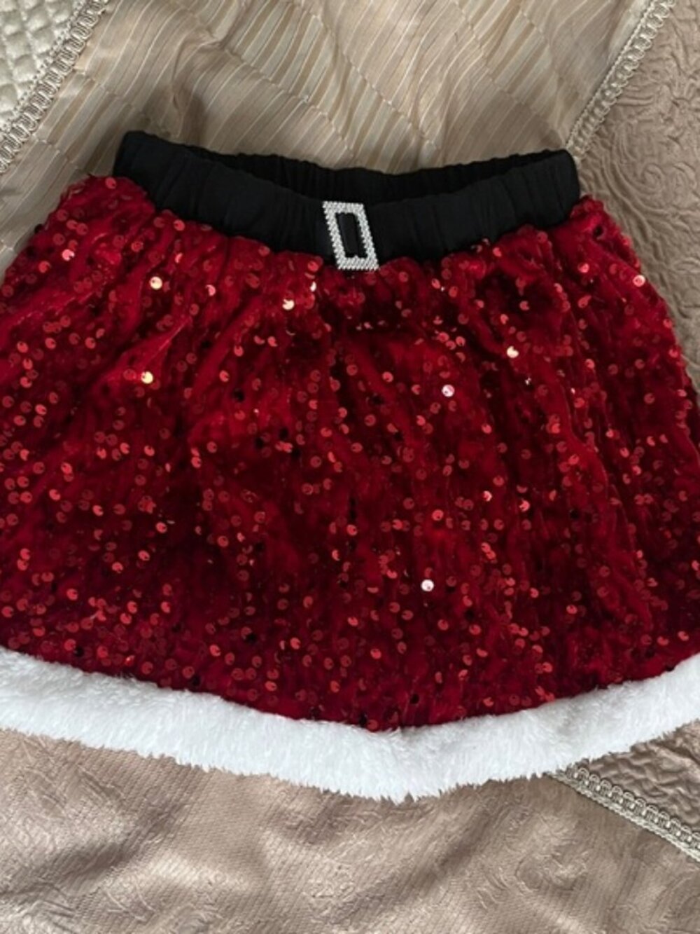 Sparkling Red Sequin Skirt with Faux Fur Trim